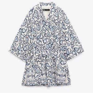 ZARA - blue & white printed linen blend Kimono Jacket
